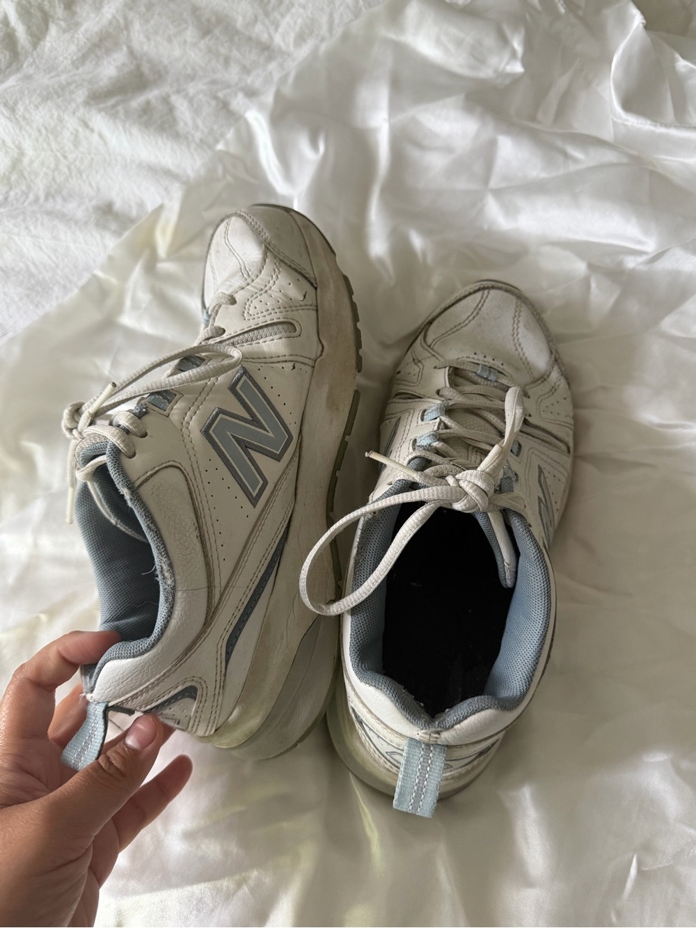 New Balance White and Light Blue Athletic Sneakers